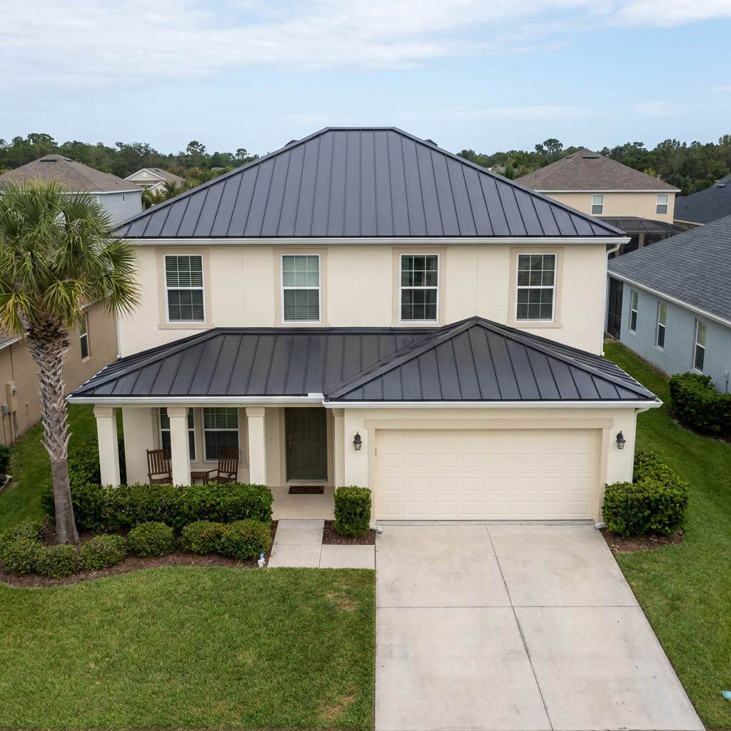 After: Weston FL home with new standing-seam metal roof installed after hurricane damage