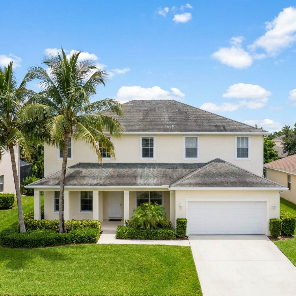 Before: Weston FL home with hurricane storm-damaged shingle roof, peeled sections and exposed underlayment