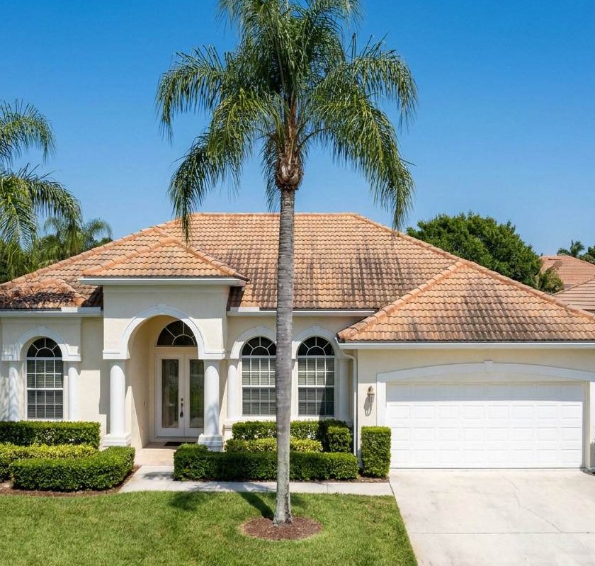 Before: Coral Springs FL Mediterranean home with aged faded barrel tile roof
