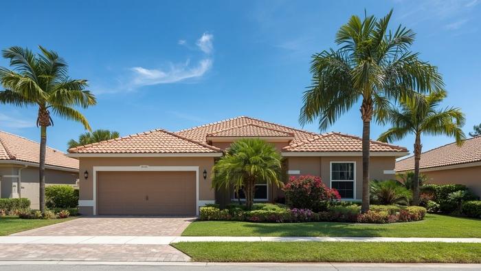 Florida stucco residential home with terracotta barrel tile roof, royal palms, Broward, Palm Beach & Miami-Dade County