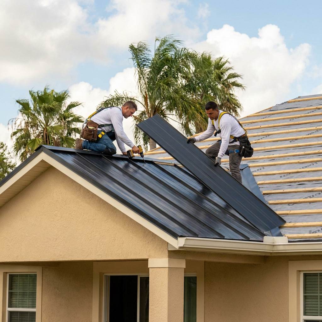 Roofing crew installing standing-seam metal roof panels Davie FL
