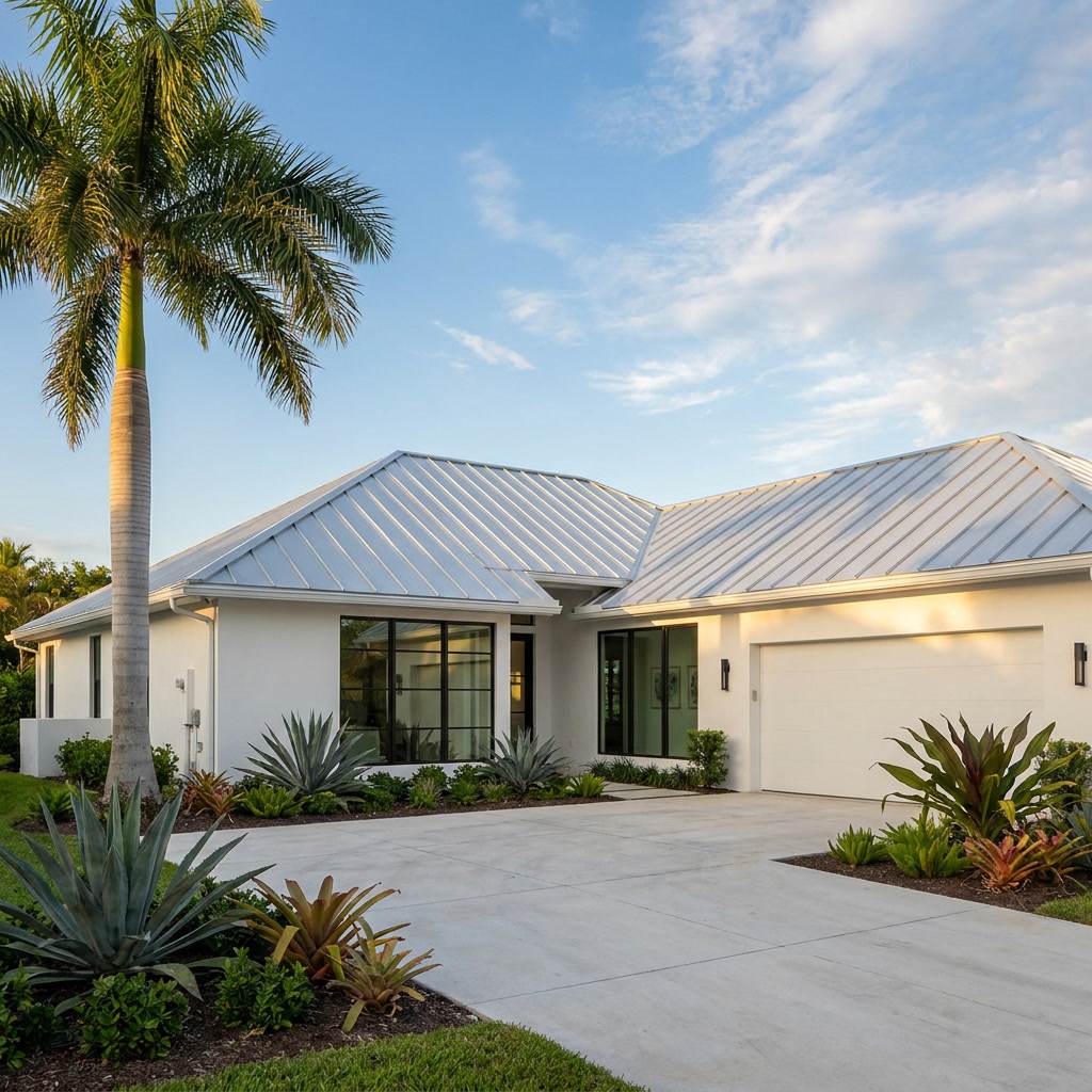 Silver standing-seam metal roof on modern coastal home Boca Raton FL