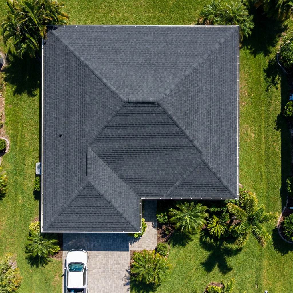 Top-down aerial of new architectural shingle roof Tamarac FL