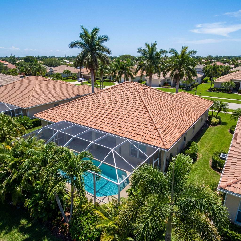 Aerial drone view of new clay barrel tile roof Miramar FL