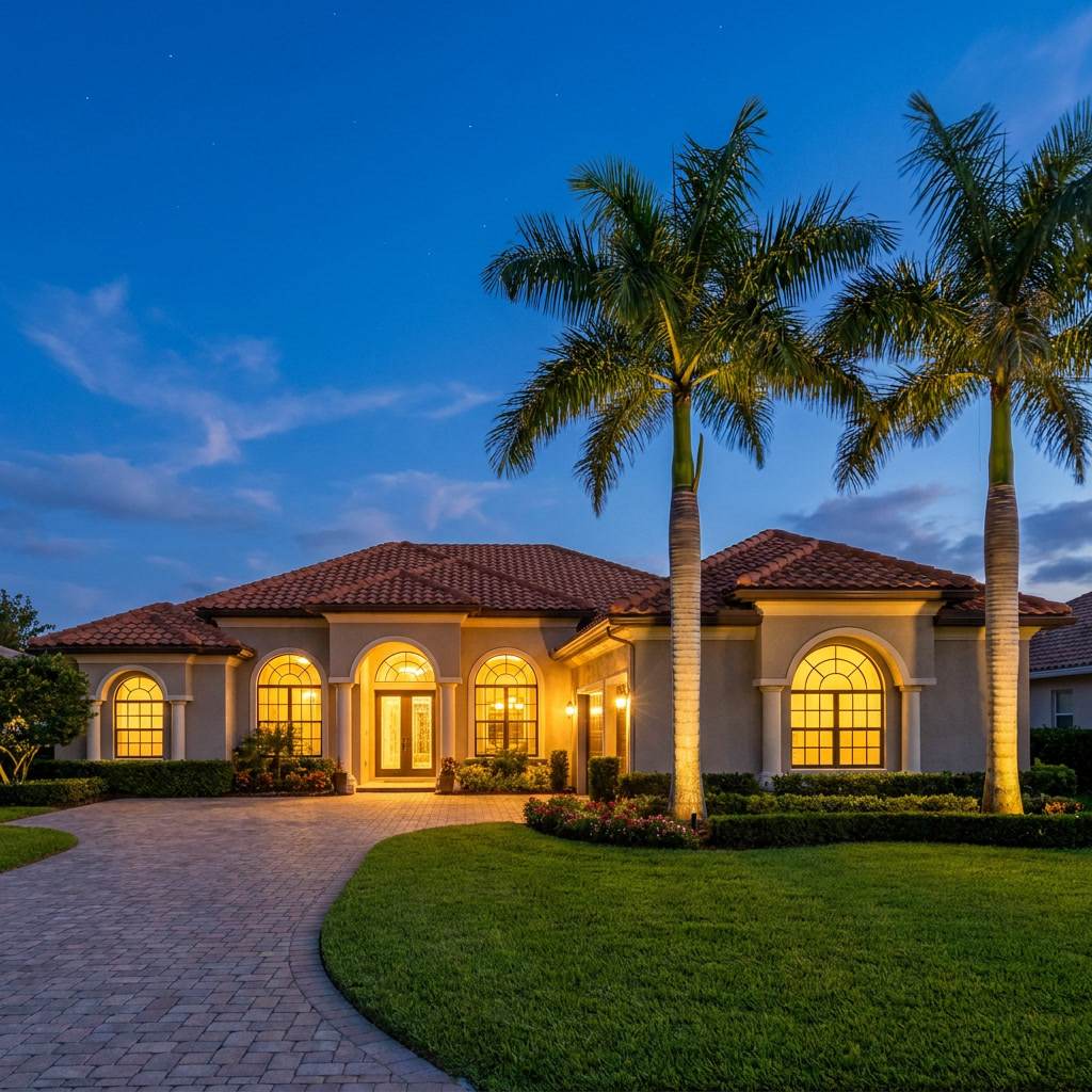 New Spanish barrel tile roof at twilight Pembroke Pines FL