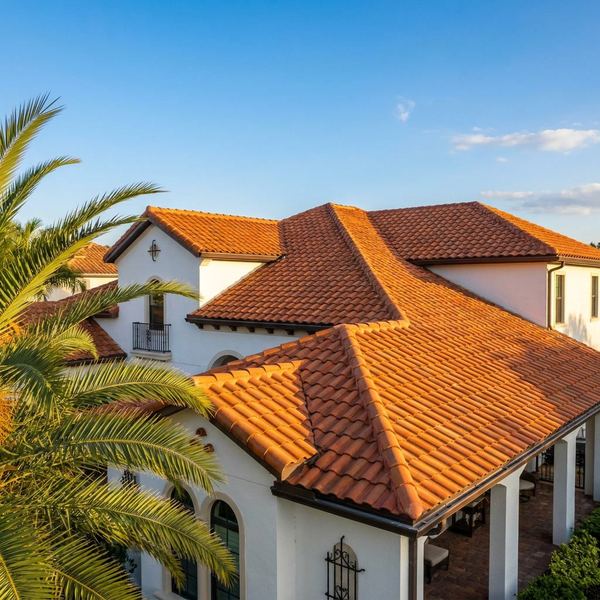 Terracotta barrel tile roof on Florida Mediterranean home