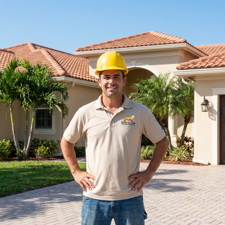 Bona Fide Roofing contractor in front of completed Florida home with new tile roof
